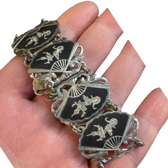 Elegant Vintage Siam Sterling 925 Black Silver Thai Goddess Nielo Bracelet - Picture 8 of 10